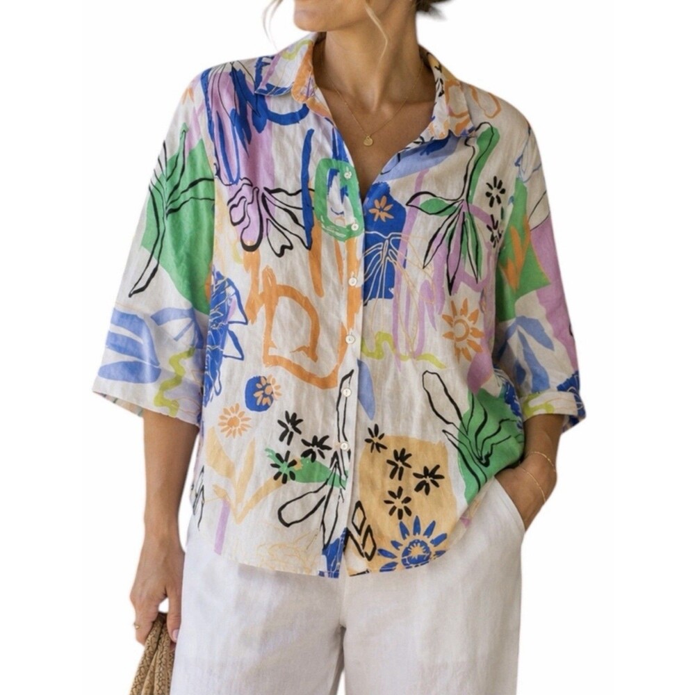 Chicos Multi Color Abstract Floral 100% Linen 3/4 Sleeve Tunic Top Size 4/XXL